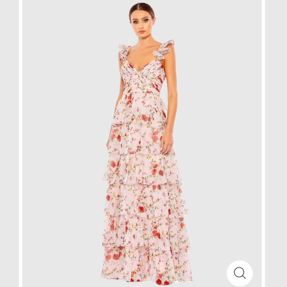 Mac Duggal RUFFLED SLEEVELESS DRAPED TIERED FLORAL PRINT GOWN